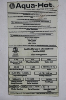 USED MOTORHOME AQUA-HOT AHE-450-DE4 HYDRONIC HEATING SYSTEM FOR SALE